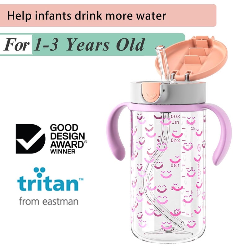 evorie Tritan Spill Proof Toddler Straw Sippy Cup, 10 oz for Baby and Toddlers 1-3 Years Old, No Spill Straw Water Bottle with Removable Handles, Ideal for School, BPA-Free, Smiles - Image 2